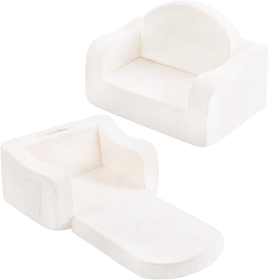 Welnow 2-in-1 Kids Sofa Chair, Convertible Toddler Chair Flip Out Children Sofa Chair with Wave Armrests Folding Kids Play Sofa with Side Pockets & Removable Cover Armchair for Girl or Boy