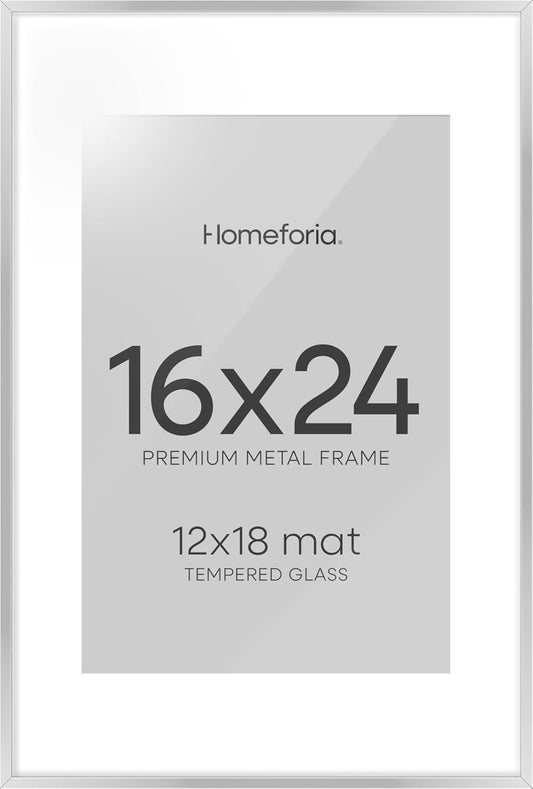 Homeforia 16x24 Silver Picture Frames, High End Metal 16x24 Poster Frame with Mat 12x18 in Photo, 16 x 24 Silver Frame Matted to 12 by 18 Print, 24x16 Hanging Frame, Tempered Glass, Wall Kit, Set of 1
