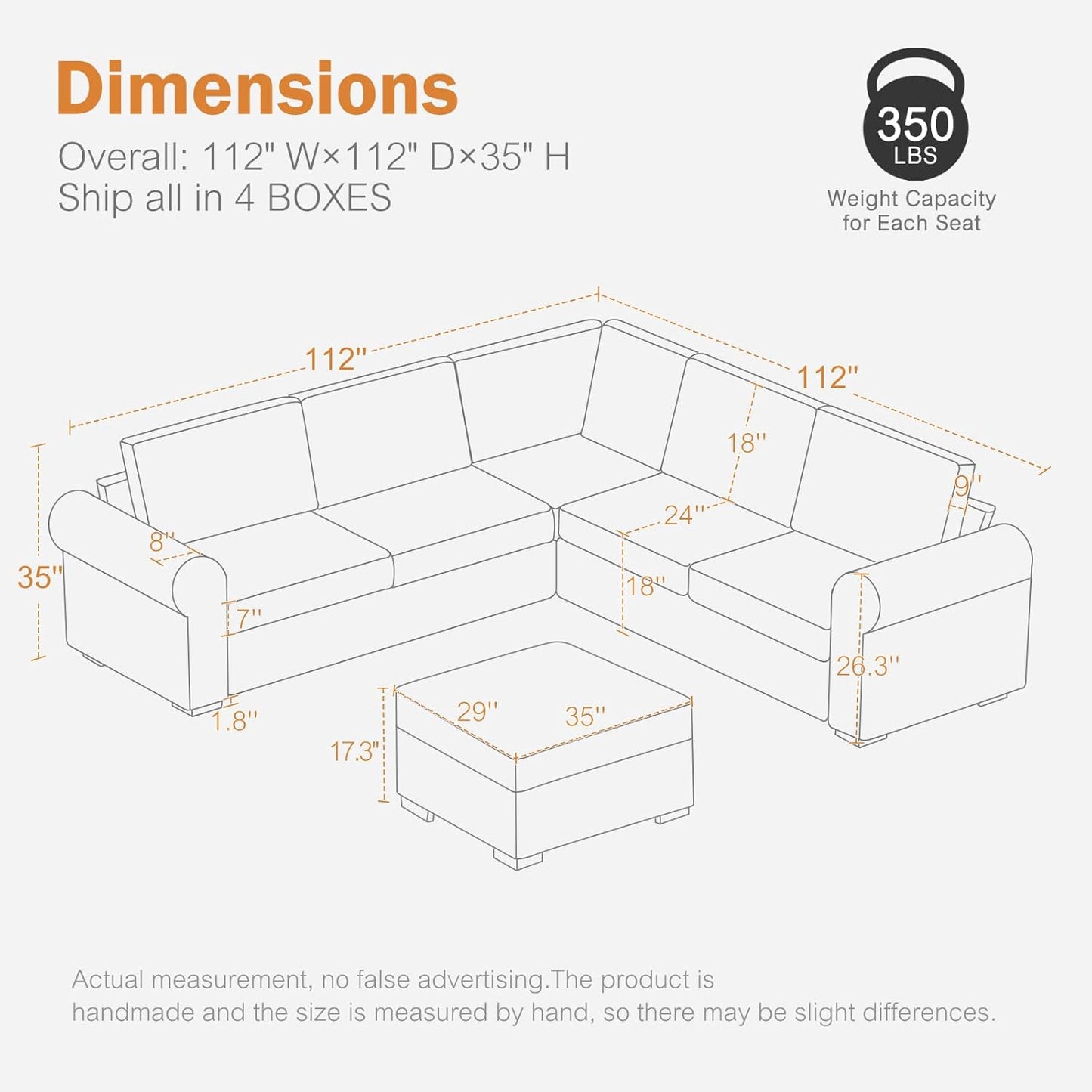 L Shaped Sectional Sofa with Ottoman,Rolled Armrest,Modern Sectional Modular Couch for Living Room,Breathable Linen Fabric Corner Couch with 7 Seats for Apartment,Removable Sofa Cushion,Ivory