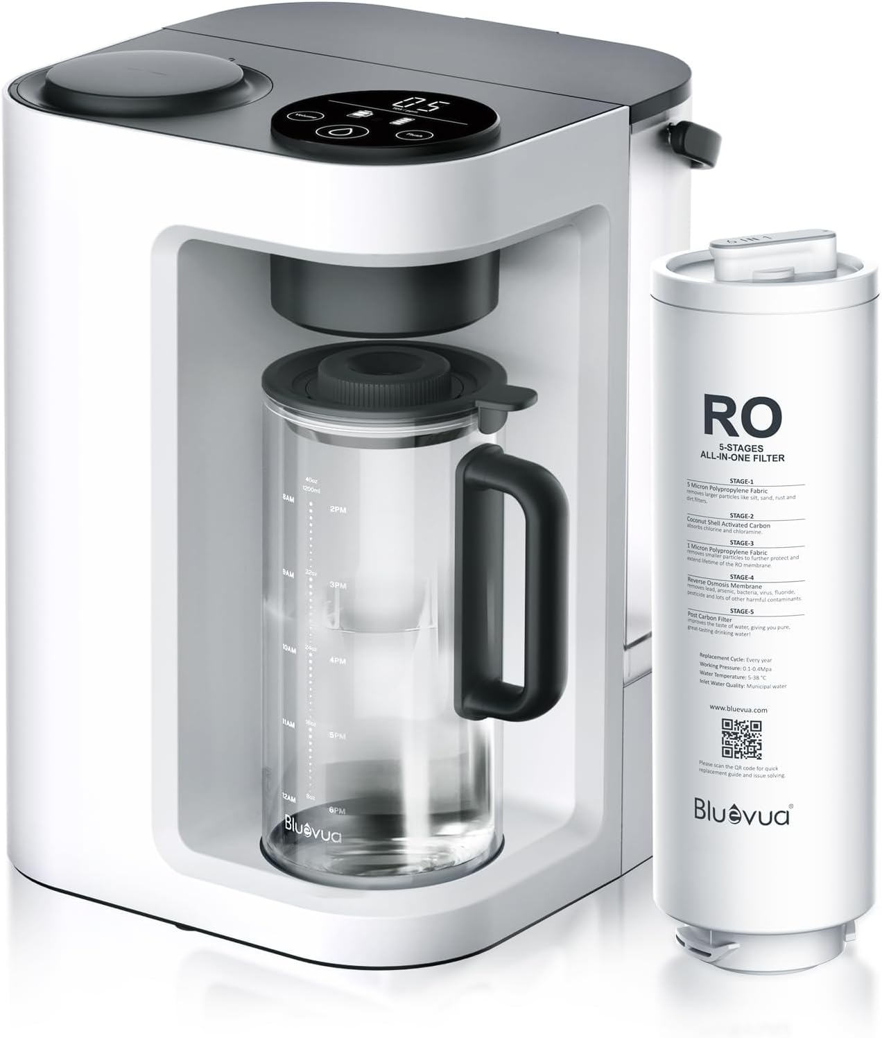Bluevua RO100ROPOT-LITE Countertop Reverse Osmosis Water Filter System, 5 Stage Purification, 3:1 Pure to Drain, Portable Water Purifier (No Installation Required) (White)
