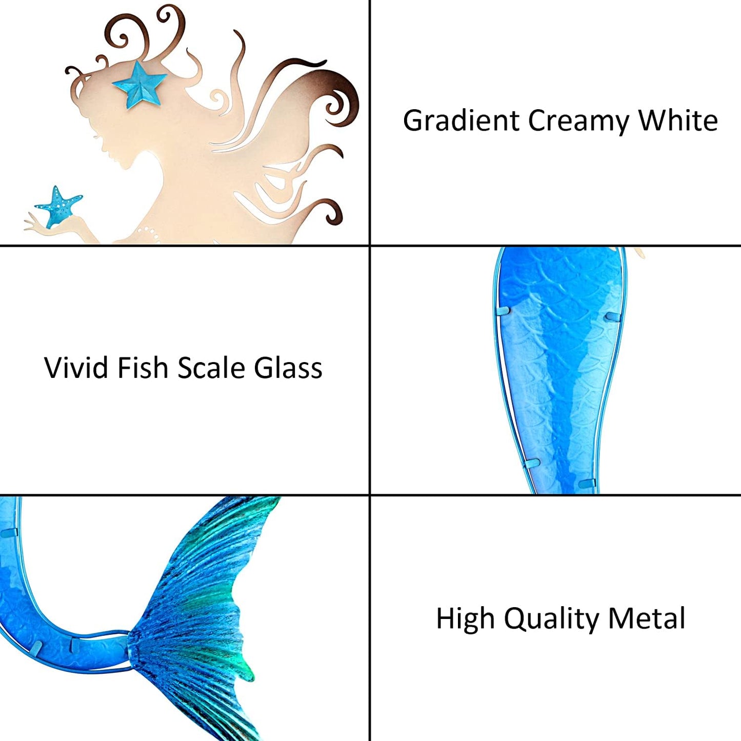John's Studio Mermaid Wall Decor Outdoor Metal Fish Bathroom Hanging Art Glass Blue Ocean Theme Decorations for Home, Pool and Patio