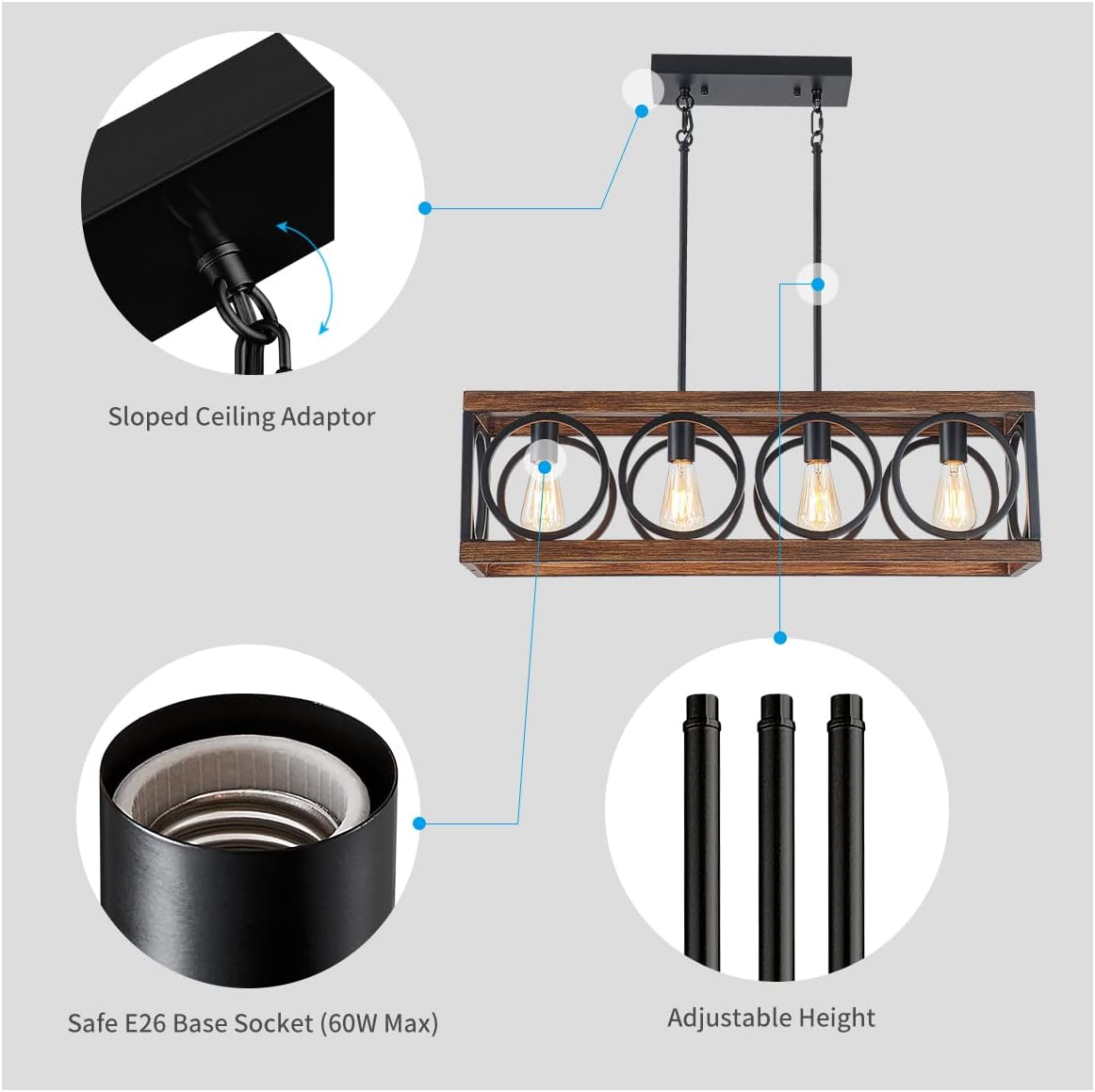 XINGQI Black Kitchen Island Light Fixtures, Farmhouse Dining Room Chandelier Rectangular Linear Chandeliers Pendant Ceiling Light Fixture for Bar Office Coffee Shop 4-Light Wood Grain