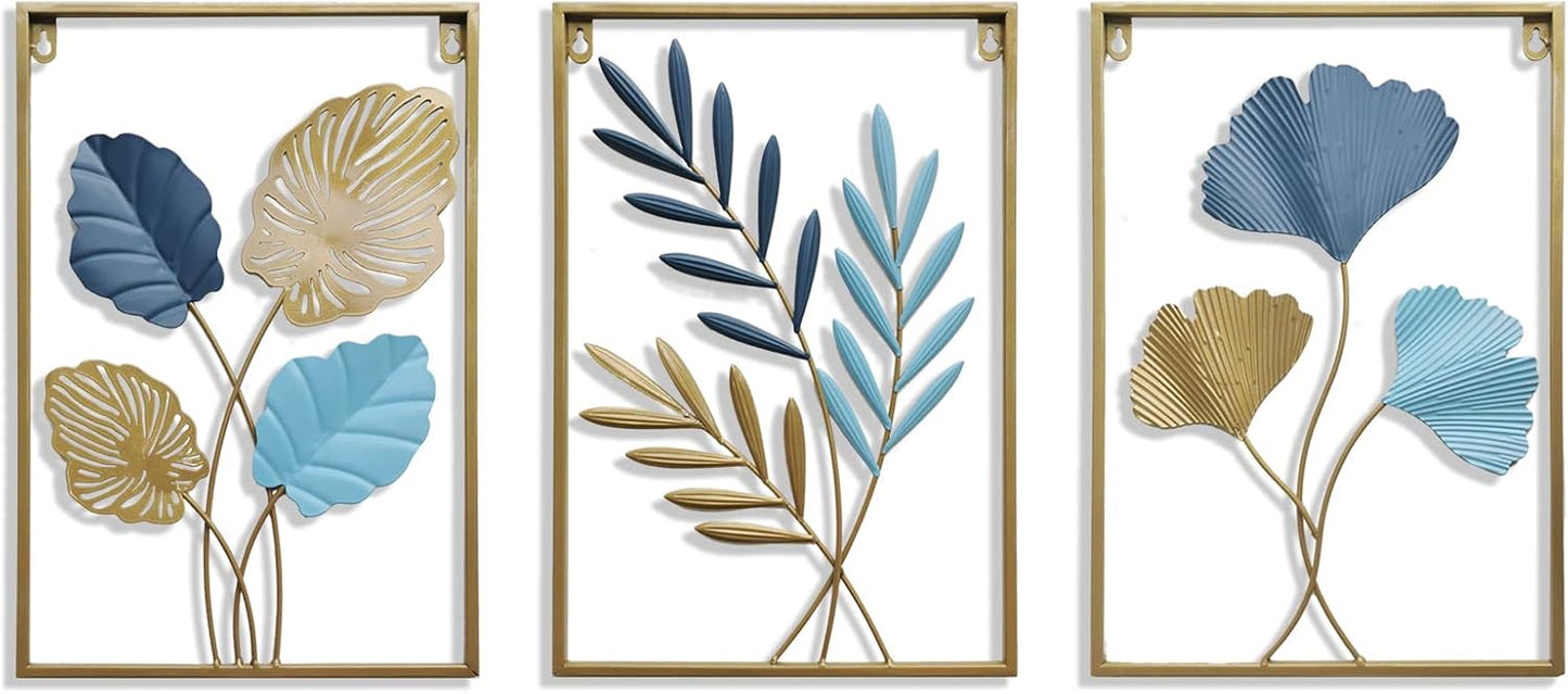 MKUN Iron Wall Sculptures - Large Set of 3 rectanglar Metal Wall Decor with Ginkgo Biloba Art Great for Home Hotel Decoration (Gold Blue)