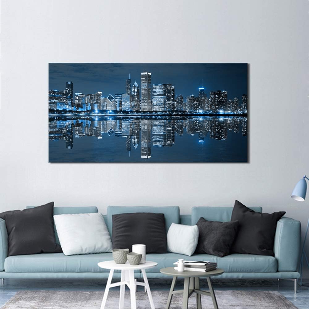 LevvArts Modern City Wall Art Chicago Downtown at Night Picture Print on Canvas Building Artwork for Office Living Room Wall Decoration