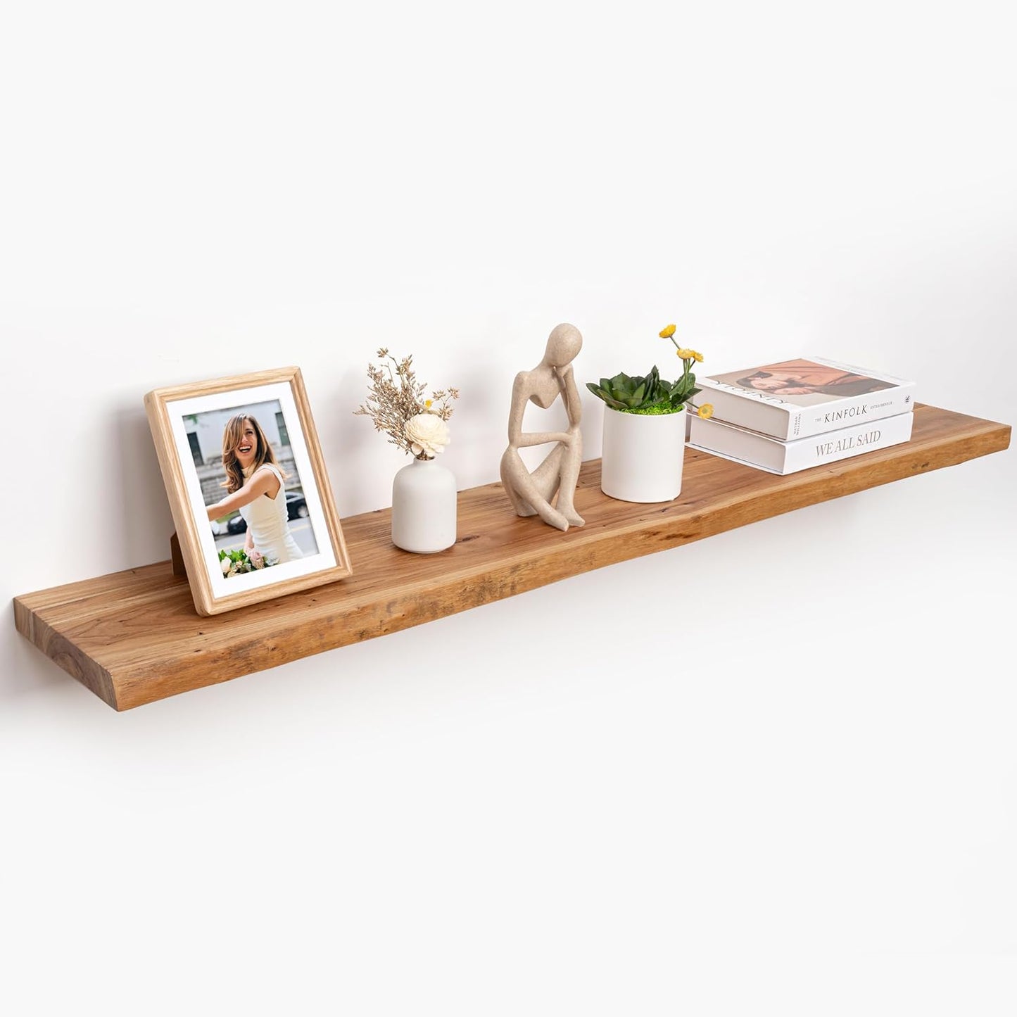 RICHFOCUS Live Edge Elm Floating Shelves - 55" W x 9.3" D Rustic Solid Wood Wall Shelves with Invisible Bracket, Wall-Mounted for Living Room, Bedroom, Kitchen Storage & Display, Set of 1, Natural
