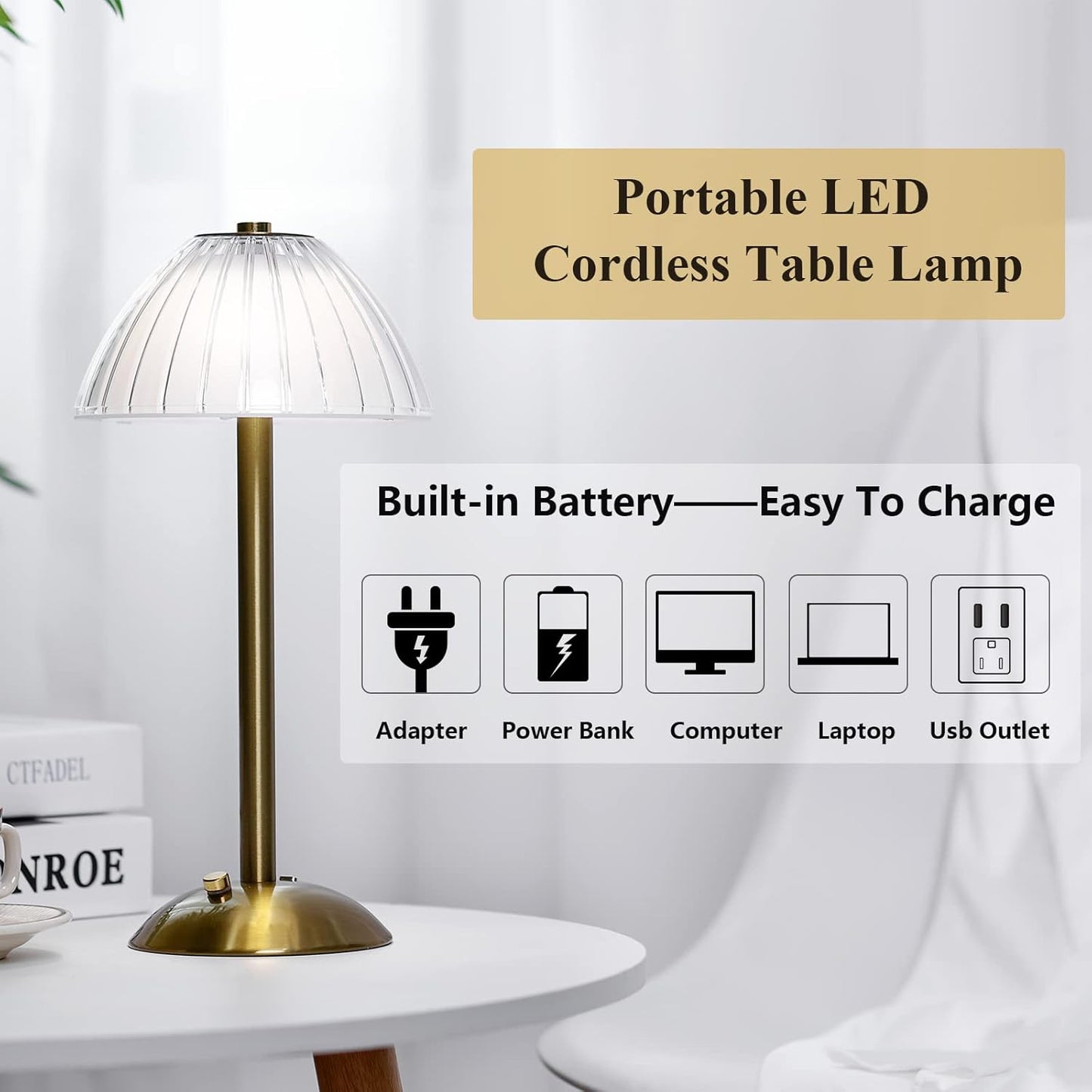 Liliful 4 Pcs LED Portable Cordless Table Lamp Touch Battery Operated Rechargeable Desk Lamp 3 Color Dimmable for Bedroom Living Room Dining (Mushroom Style,Gold)
