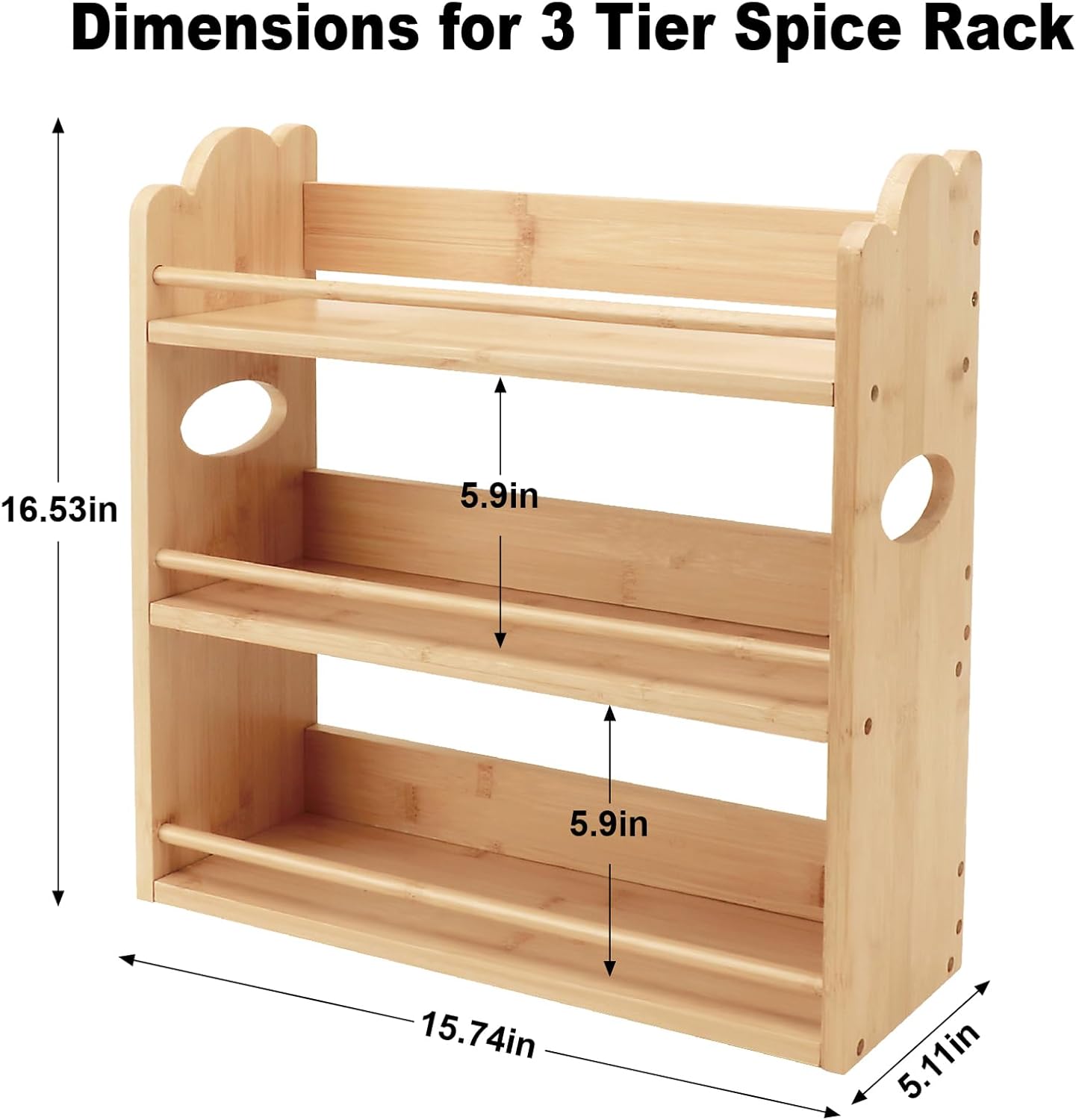 3 Tier Bamboo Spice Rack, Spice Rack Organizer, Seasoning Jars Rack Shelf Spice Organizer for Kitchen Counter or Wall Mounting, Bamboo Spice Storage Holder with handles Easy to Move