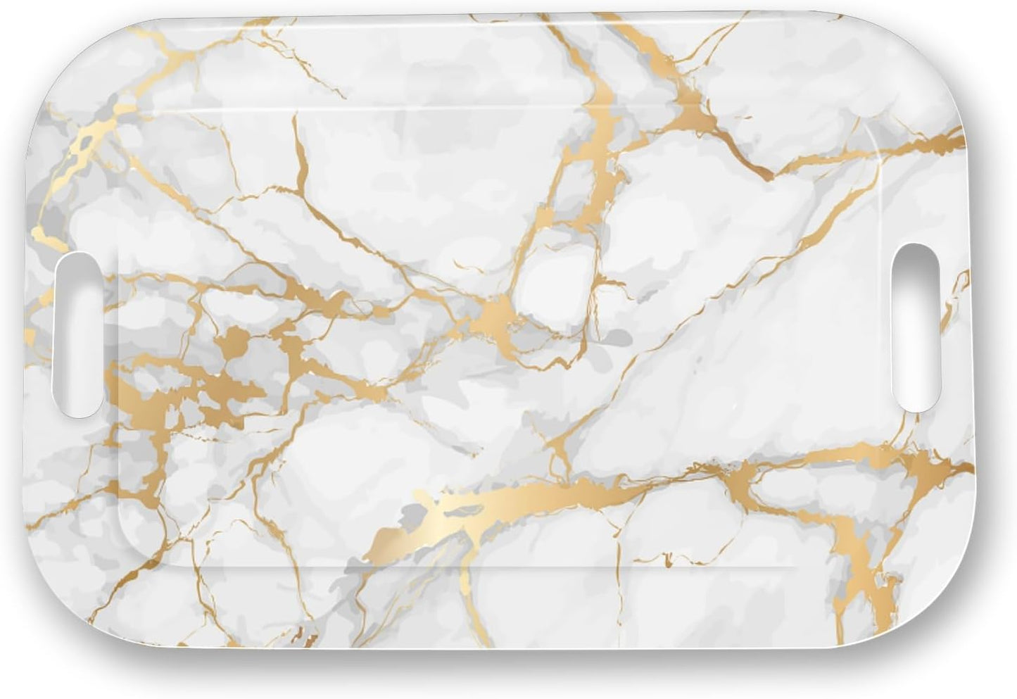 Serving Trays with Handles, 14.5 x 9.8 inch Rectangular Plastic Tray for Restaurant, Kitchen, Golden White Marble
