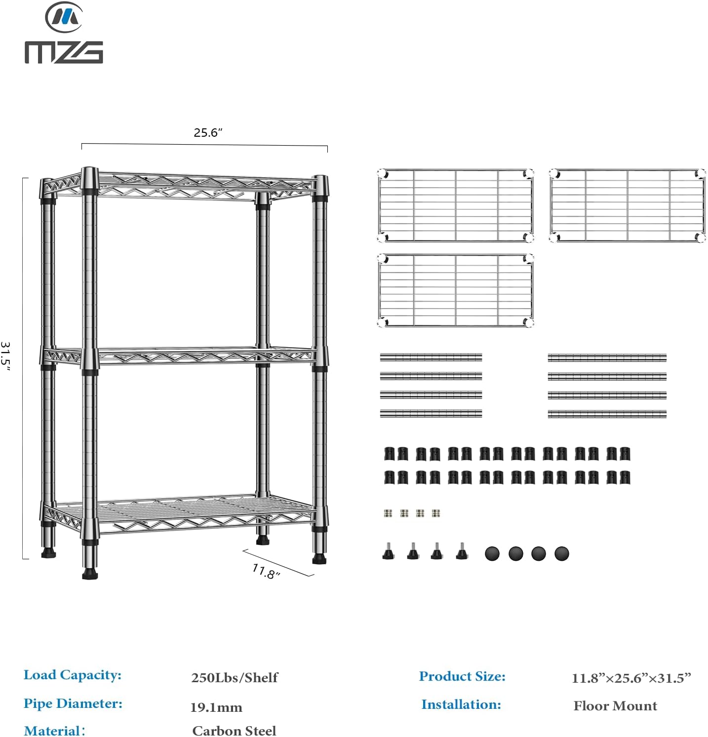 750 lbs 3 Tier Shelf Metal Storage Shelves Wire Rack Closet Organizers for Garage Kitchen Bathroom Laundry Chrome 11.8" D x 25.6" W x 31.5" H
