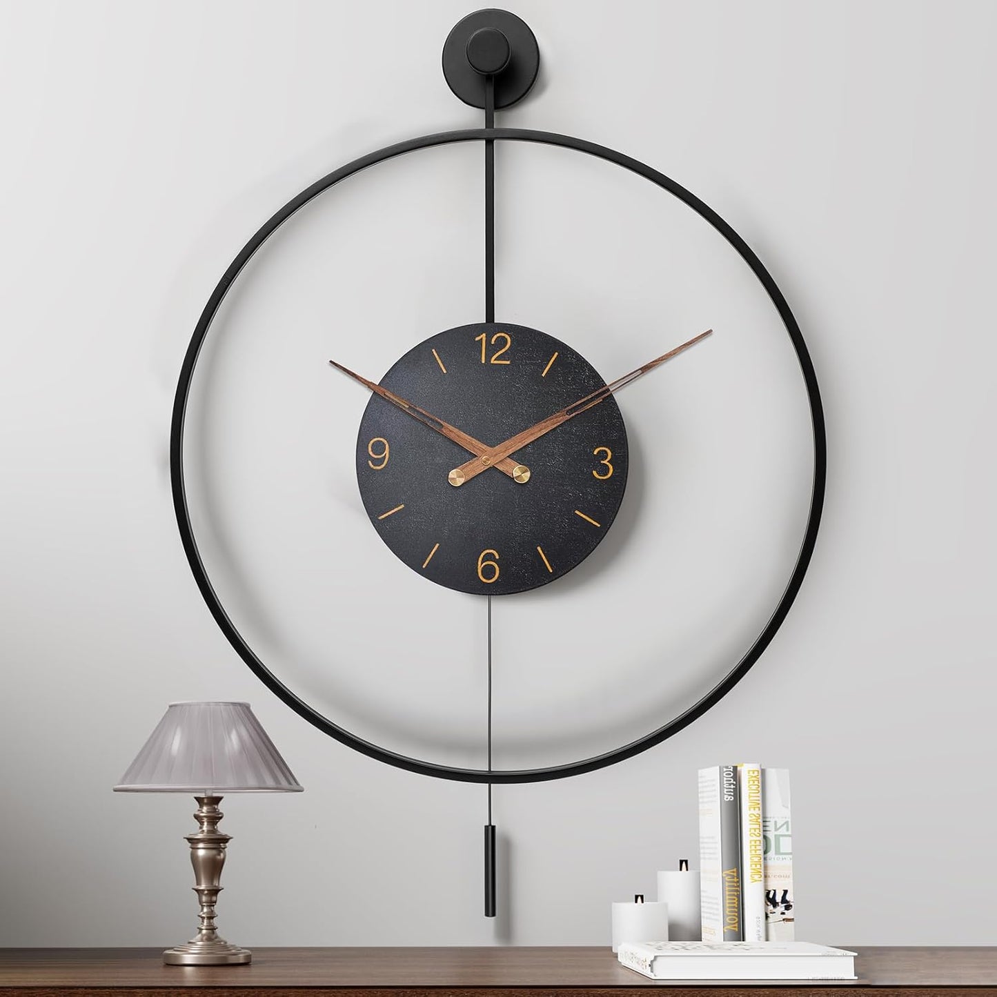 Large Modern Wall Clock,34.6×24 Inch Big Metal Minimalist Arabic Numeral Dial,Decorative Farmhouse Pendulum Wall Clocks with Walnut Pointers forLiving Room Decor, Office,Dining Room