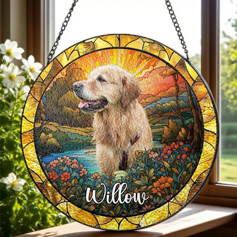 Personalized Stained Glass Suncatcher with Dog Portrait & Name, Custom Window Hanging, Pet Loss Memorial Gift, Dog Lover Keepsake, Unique Decorative Home Decor for Pet Parents