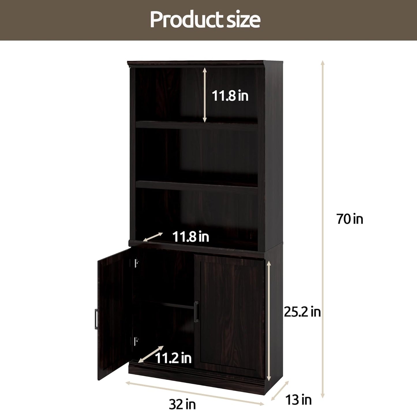 70 Inch Tall Bookcase with Doors, Library Office Bookshelf with Adjustable Shelves, Floor Standing Storage Cabinet for Bedroom Living Room Organizer with Anti Tipping Kit, Dark Cherry Finish