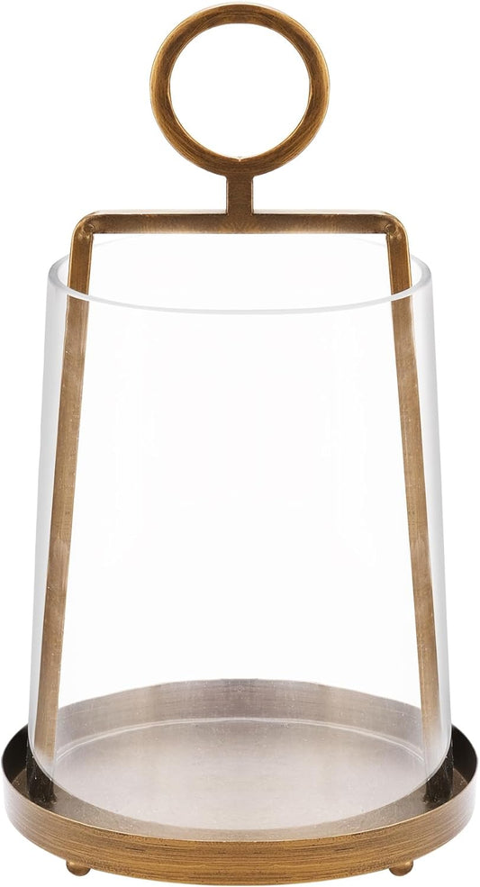 9" Wide Modern Farmhouse Metal Hurricane Candle Holder with Handmade Sturdy Glass Sleeve in Antique Brass for Pillar Candle & Plants, Hurricane Lantern, Industrial, Minimalistic (1, Brass, 9"x14")