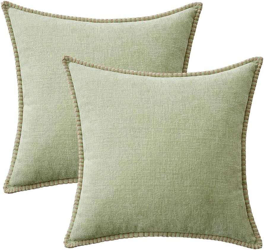 MIULEE Pack of 2 Couch Throw Pillow Covers 20x20 Inch Light Green Farmhouse Decorative Pillow Covers with Stitched Edge Soft Chenille Solid Dyed Spring Pillow Covers for Sofa Bed Living Room