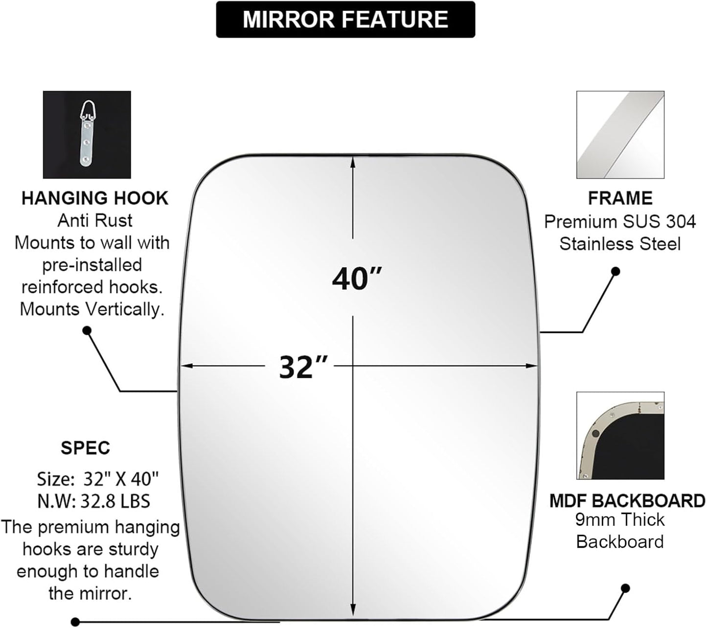 ANDY STAR Chrome Oblong Mirror, 32x40 Inch Polished Chrome Oval Mirror for Bathroom with Stainless Steel Metal Frame, Wall Mouned for Bathroom, Living Room, Entryway