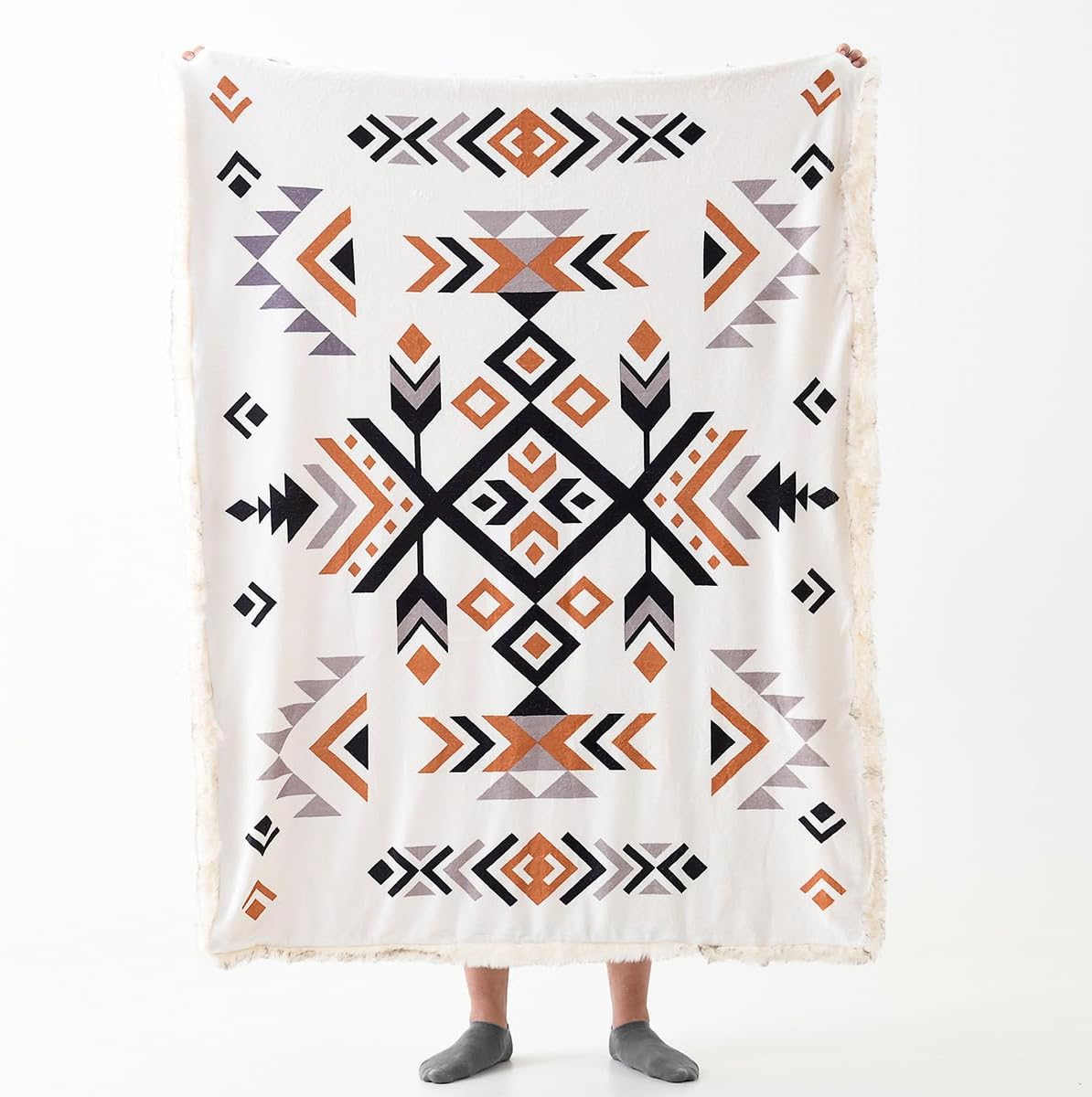 Luxury Plush Faux Fur Throw Blanket with Aztec Pattern, Super Warm, Fuzzy, Elegant, Fluffy Decoration Blanket for Couch, Armchair, Sofa and Bed, 50''x 60'', Cream