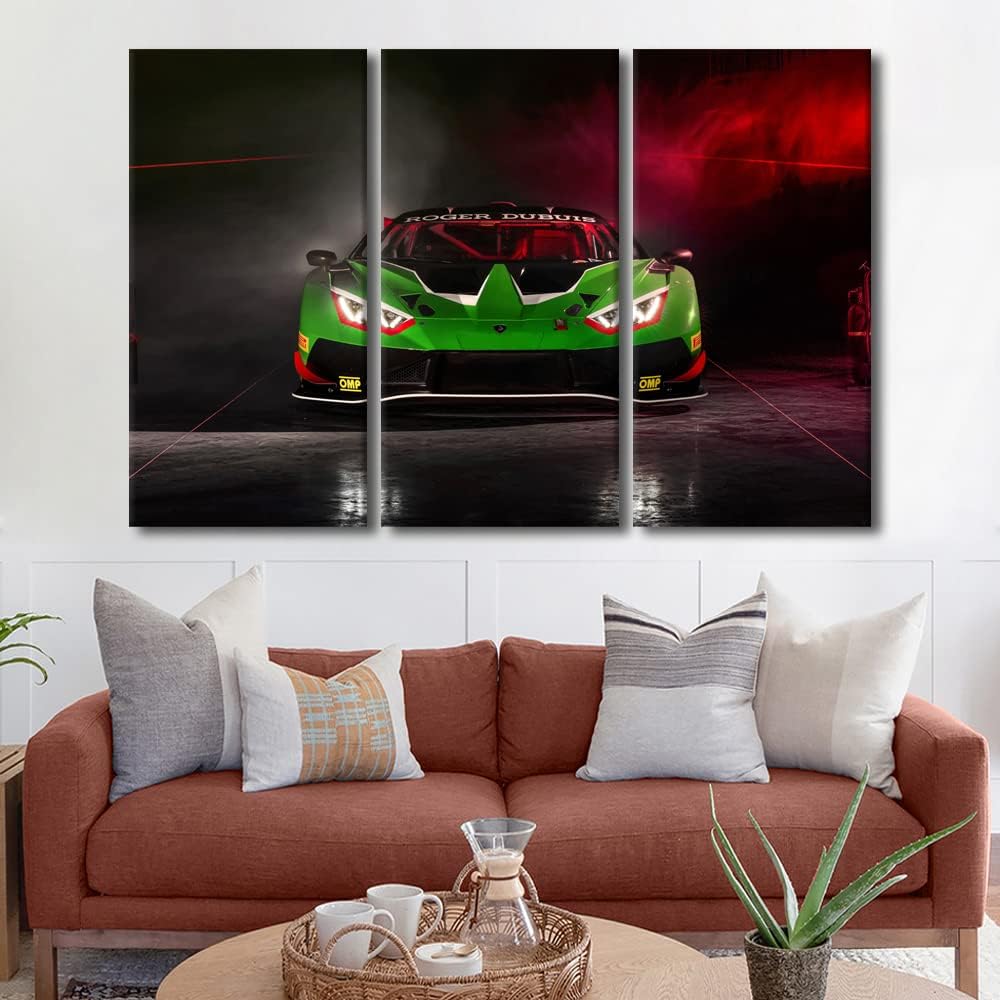 TUMOVO 3 Piece Wall Pictures for Living Room Green Sports Car Painting on Canvas Wall Decor Art Supercar Speed Car for Boys Bedroom Wall Art Modern Artwork Framed Ready to Hang, 60" Wx40 H