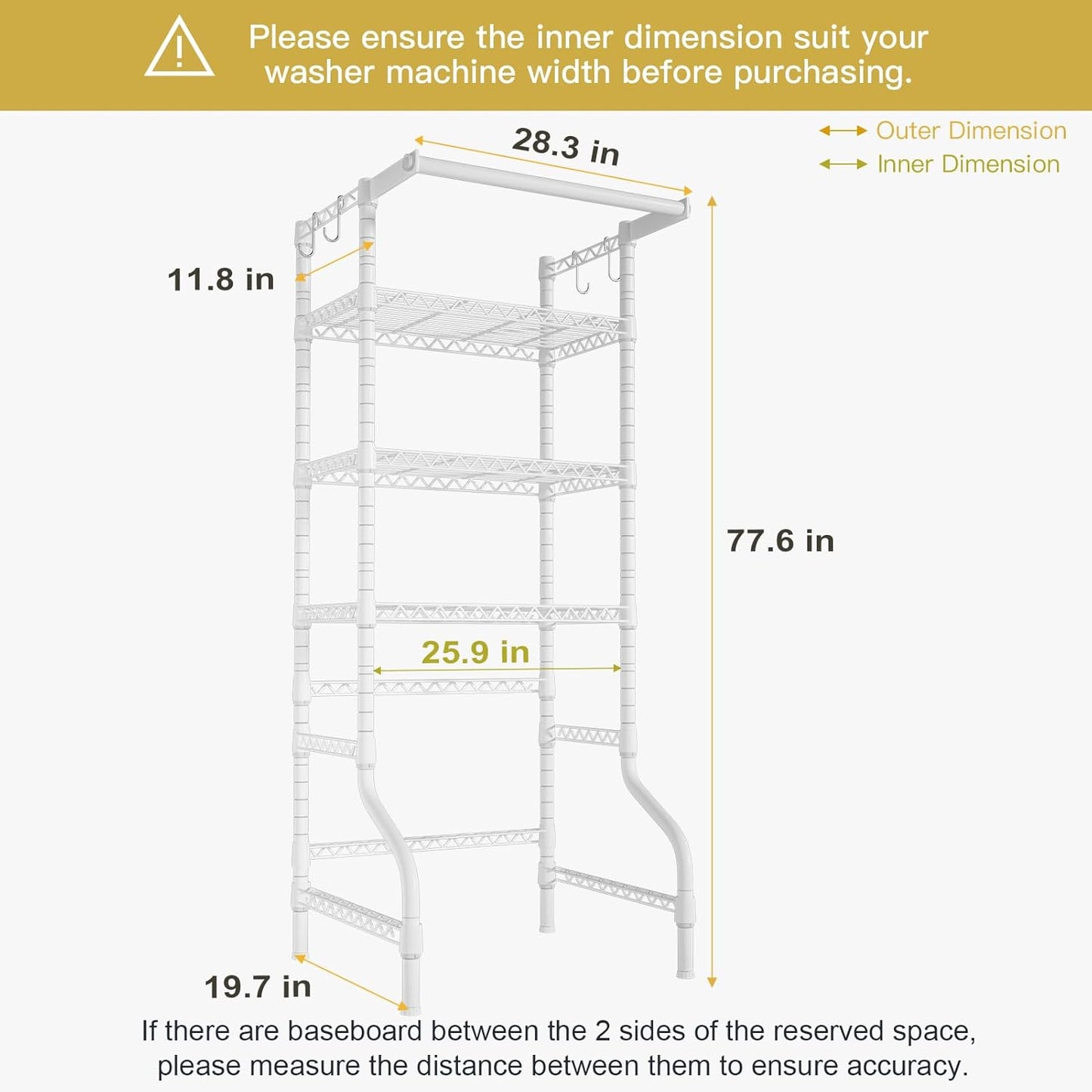 Ulif U11 Mini Over Washer and Dryer Shelves, 3 Tiers Laundry Room Storage and Organizer Standing Shelf, Metal Freestanding Clothes Drying Rack, 28.3”W x 19.7”D x 77.6”H, White