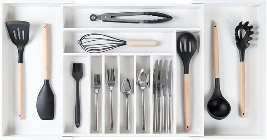 Premium Silverware, Flatware and Utensil Organizer for Kitchen Drawers, Food-Safe Contract Grade, Expandable from 18 to 33 In, White Bamboo