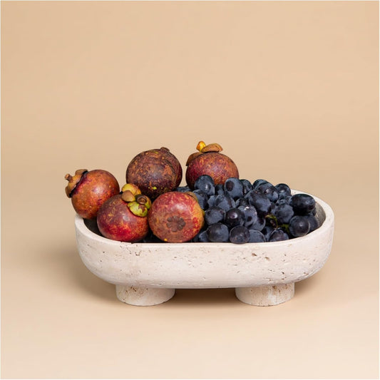 Natural Oval Travertine Fruit Bowl 10" – Large Decorative Bowl & Travertine Decor Pedestal for Kitchen Counter & Dining Table ,For Entryway, Kitchen Fruit Bowl, Potpourri, Dining Table Centerpiece.