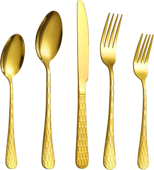 40 Pcs Gold Silverware Set for 8 with Water Cube Handle design, Food Grade Stainless Steel Flatware Set, Eating Utensils Sets Include Fork/Knife/Spoon, Reusable Cutlery Set, Dishwasher Safe