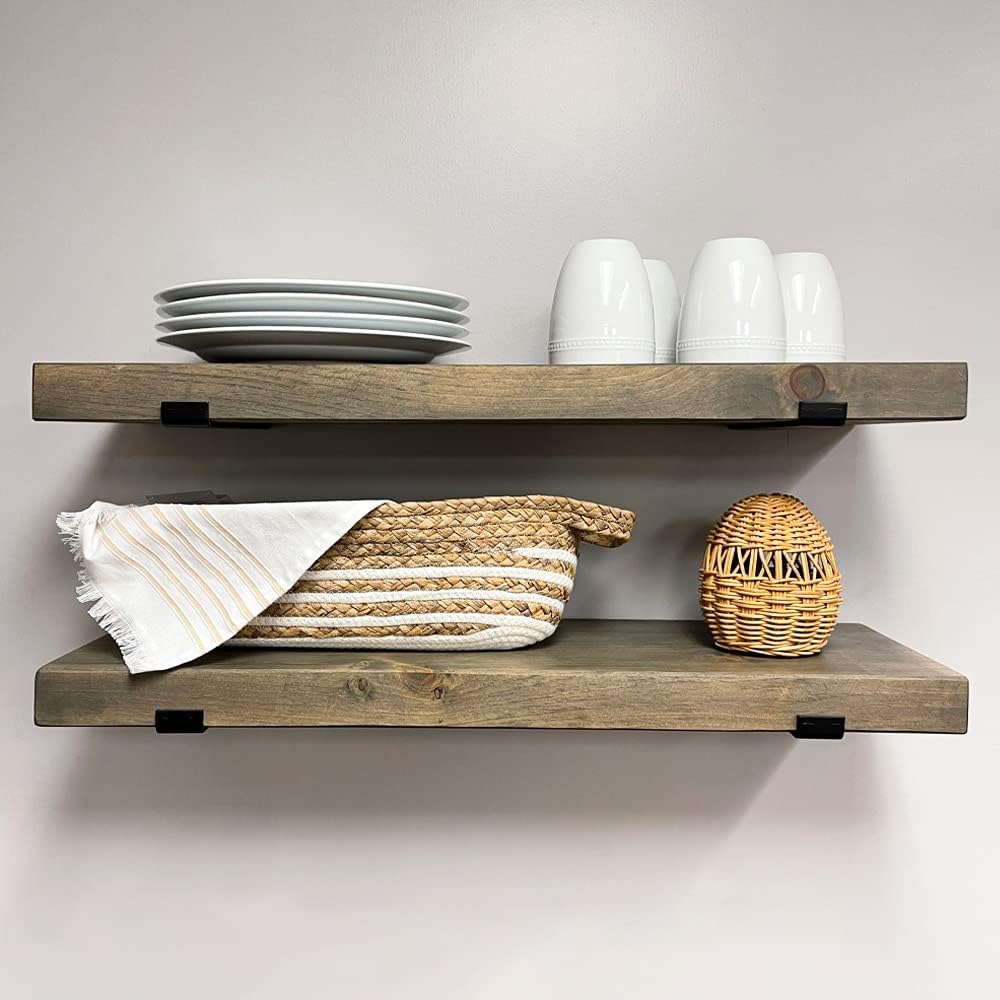 Rustic Shelves with J-Brackets Set of 2, Industrial Shelf, Kitchen Shelves, Solid Wood, Decorative Wall Storage, Heavy Duty, URBANDI (Grey, 36Wx8D)