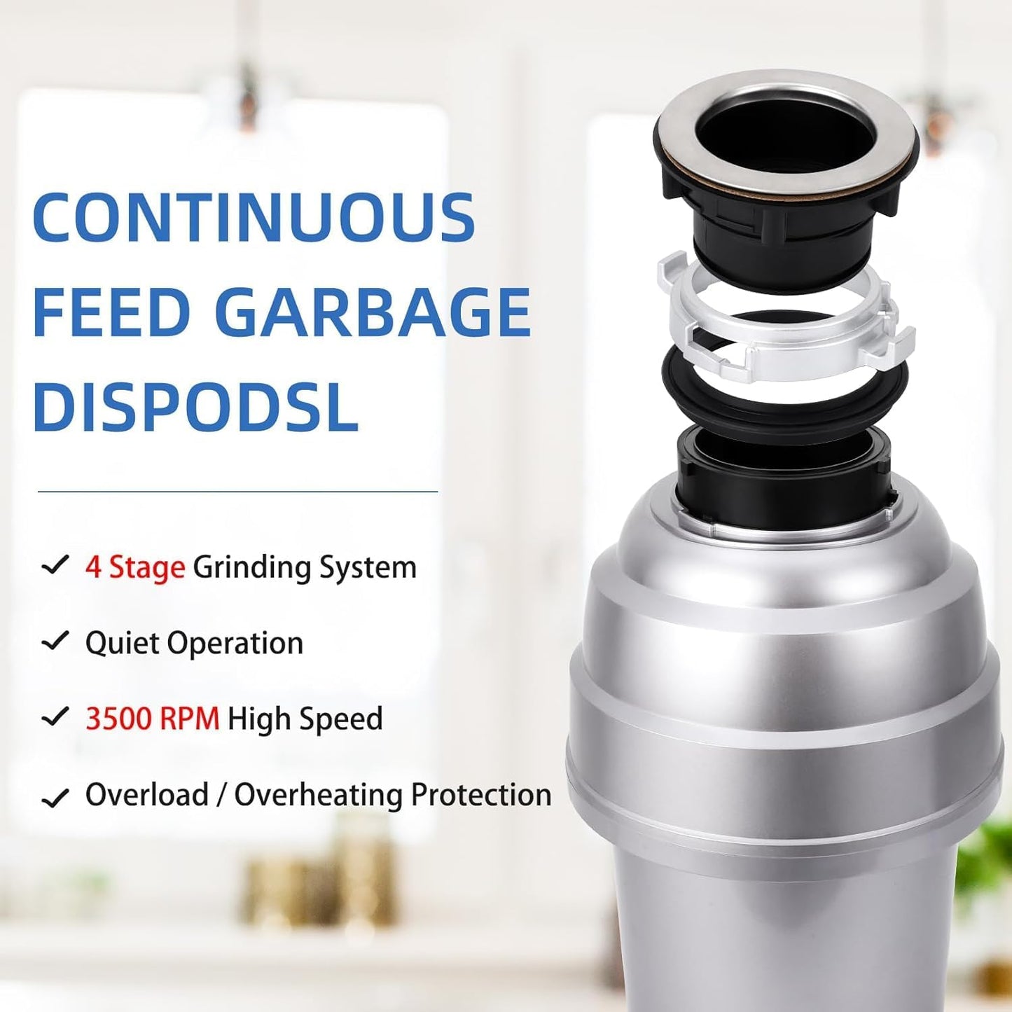 Powerful 1HP Stainless Steel Garbage Disposer, Dishwasher-Friendly and Continuous Feeding Waste Disposer, Grinding Material Four-Stage Grinding, Silver
