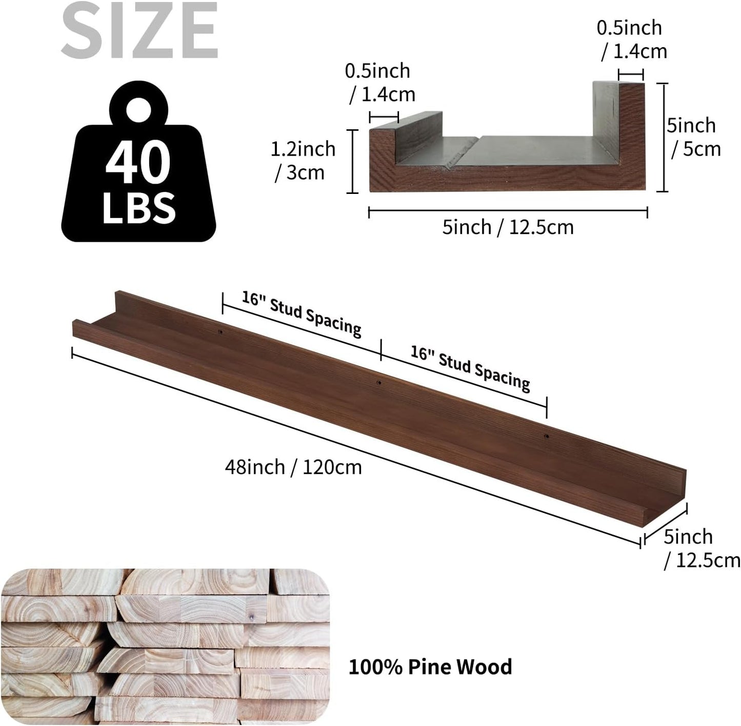 SAUMONIERES Picture Ledge Shelf Floating Book Shelves Set of 2 Wall Mounted Solid Wood for Bedroom Bathroom Living Room Kitchen, 48 Inch Walnut