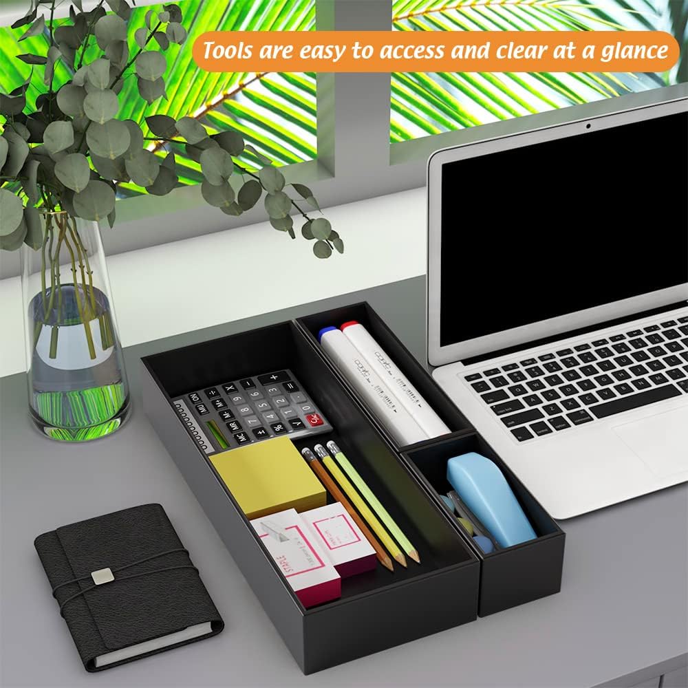 Black Bamboo Drawer Organizer - Silverware&Utensil Holder Organizer for Kitchen Drawers, Multi-Use Drawer Dividers Boxes for Bathroom Counter，Cabinet, Garage, Office Desk, Makeup, Jewelry (6"3"2.5")