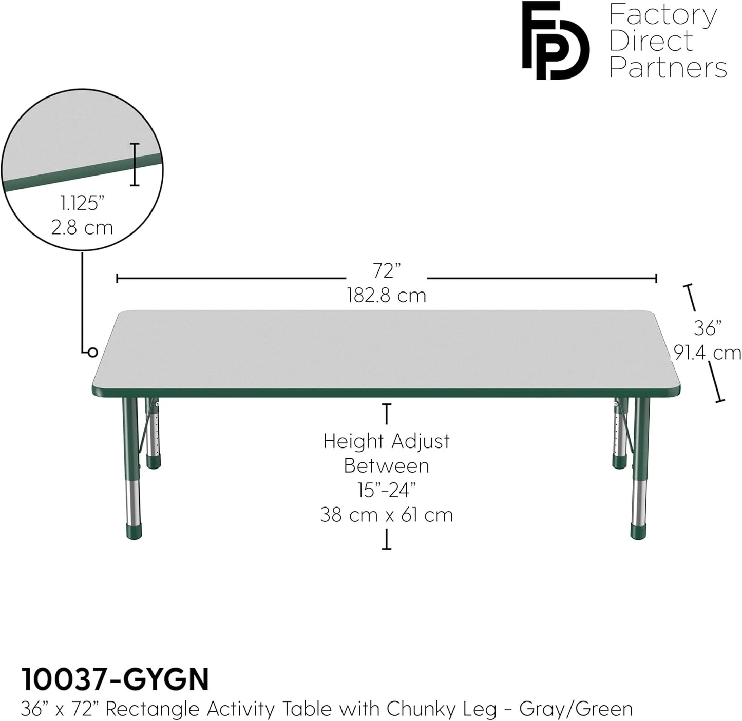 Factory Direct Partners FDP Rectangle Activity School and Classroom Kids Table (36 x 72 inch), Toddler Legs, Adjustable Height 15-24 inches - Gray Top and Green Edge
