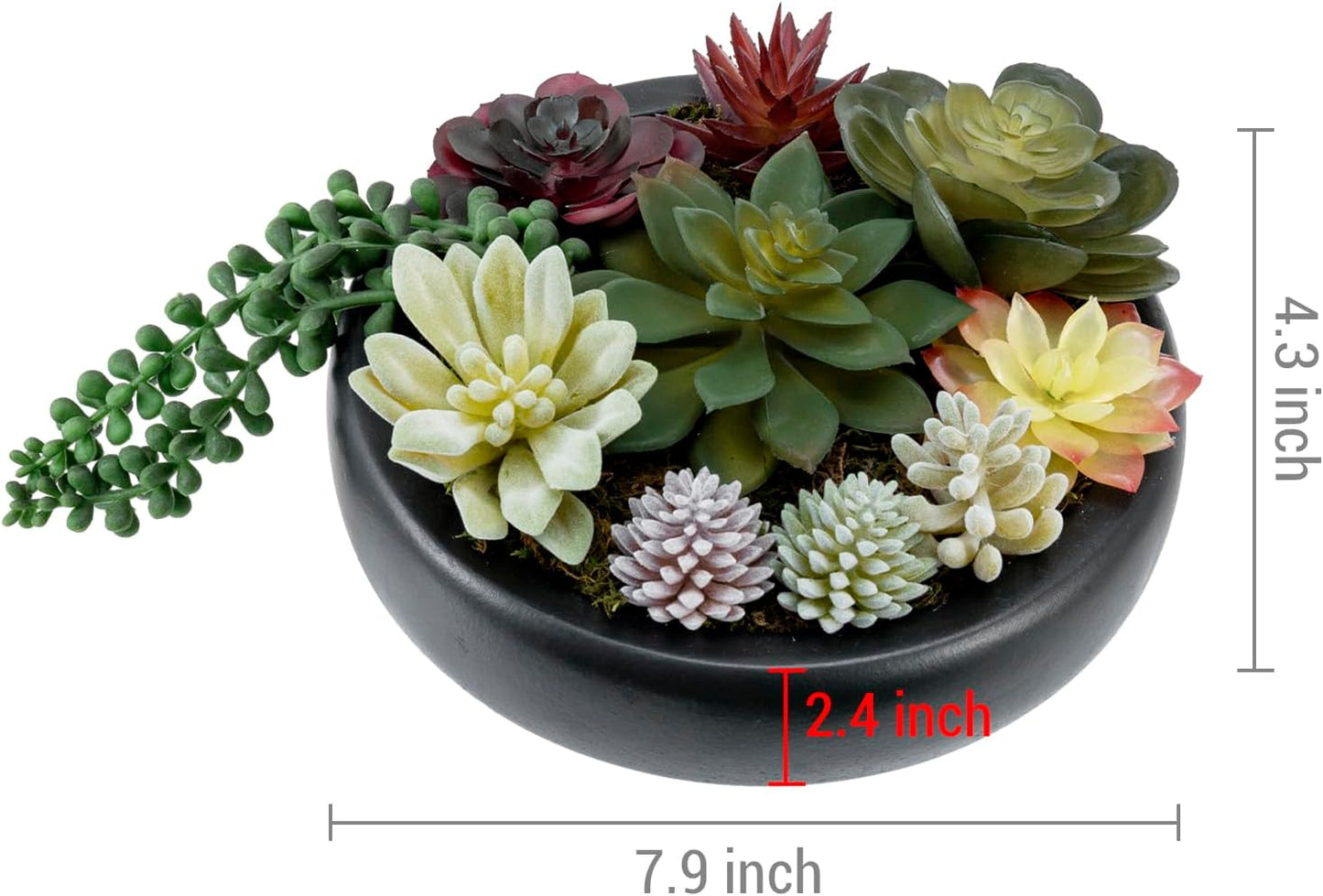 MyGift 8-Inch Artificial Succulent Plant Arrangement, Assorted Fake Plants in Modern Black Round Concrete Planter Bowl