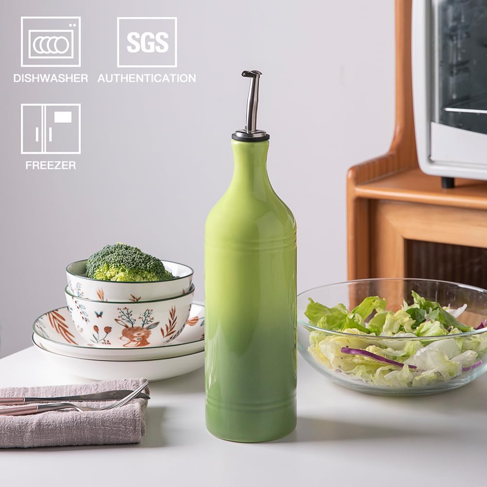 Sweejar Large Ceramic Olive Oil Dispenser Bottle, Opaque Oil Cruet Protects Oil to Reduce Oxidation, Storage Oil, Vinegar, Soy Sauce & Other Liquids, Pack of 1, 24 Fl Oz (Gradient Green)