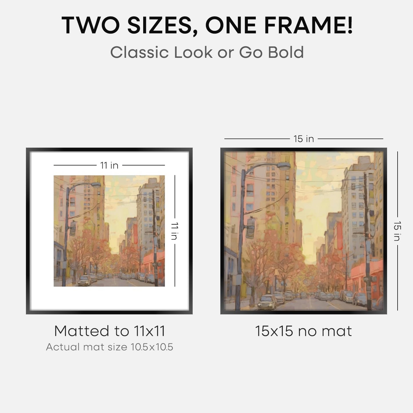 Homeforia 15x15 Picture Frame Black, High End Metal 15 x 15 Square Poster Frames with Mat 11 x 11 Photo, 15x15 Black Frame Matted to 11x11 Print, 15by15 Thin Frames, Tempered Glass, Wall Kit, Set of 1