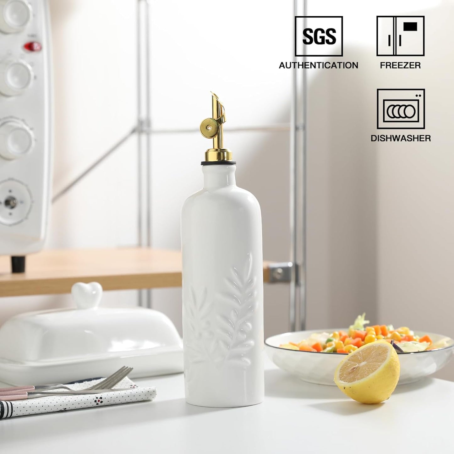 Sweejar 18 Oz Oil Dispenser for Kitchen with Gravity Spout, Ceramic Olive Oil Dispenser Bottle, Relief Opaque Vinegar Container for Evoo, Vinegar, Soy Sauce, Pack of 1(White, Gold Spout)