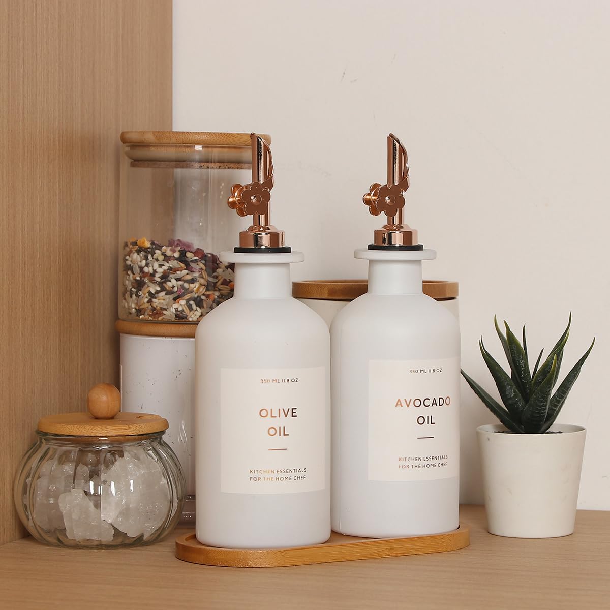 HOMCDALY Olive Oil Dispenser for Kitchen, 11.8oz Glass kitchen Dispenser Bottle, Rose Gold Oil&Vinegar Cruet Set, Leakproof Oil Containers for Cooking, Kitchen Decor | Set of 2 (11.8oz – Rose Gold)