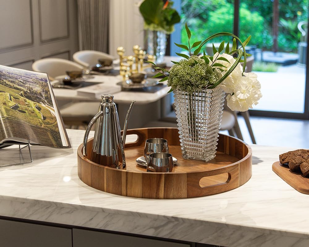 Round Wood Serving Trays Set of 2, Ottoman Tray Rustic Acacia Wooden Trays with Handles, Nesting Circle Tray with 4 Coasters for Coffee Table Living Room Bathroom Bedroom Party