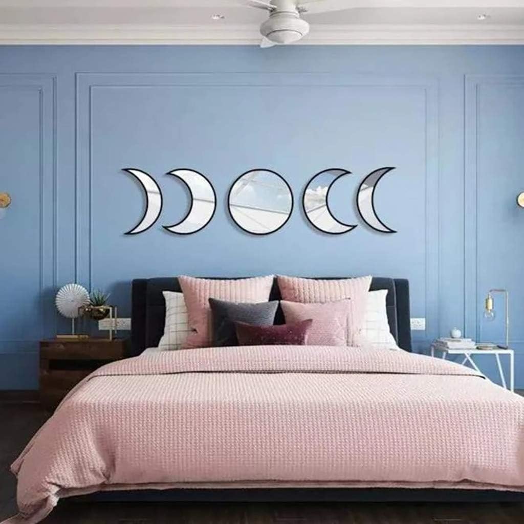 5 pcs Scandinavian Natural Decor Acrylic Moonphase Mirrors Interior Design Wooden Moon Phase Mirror Bohemian Wall Decoration for Home Living Room Bedroom Decor - No Need to Punch (Black)