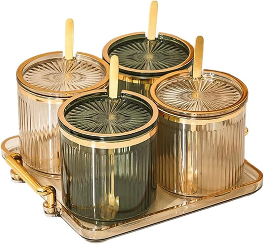 Acrylic Condiment Spice Jars,Condiment Spice Box With Lids and Spoons and Tray,Clear Plastic Condiment Canisters,Seasoning Box 4 Pack,Seasoning Box Set for Kitchen to Storage Salt,Paprika,Sugar