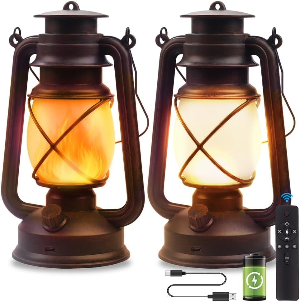 Lantern LED Battery Powered Camping Lamp Outdoor Hanging Lantern Flickering Flame Rechargeable Retro Lanterns Remote Control 4 Modes Light Non-Solar 2 Pack