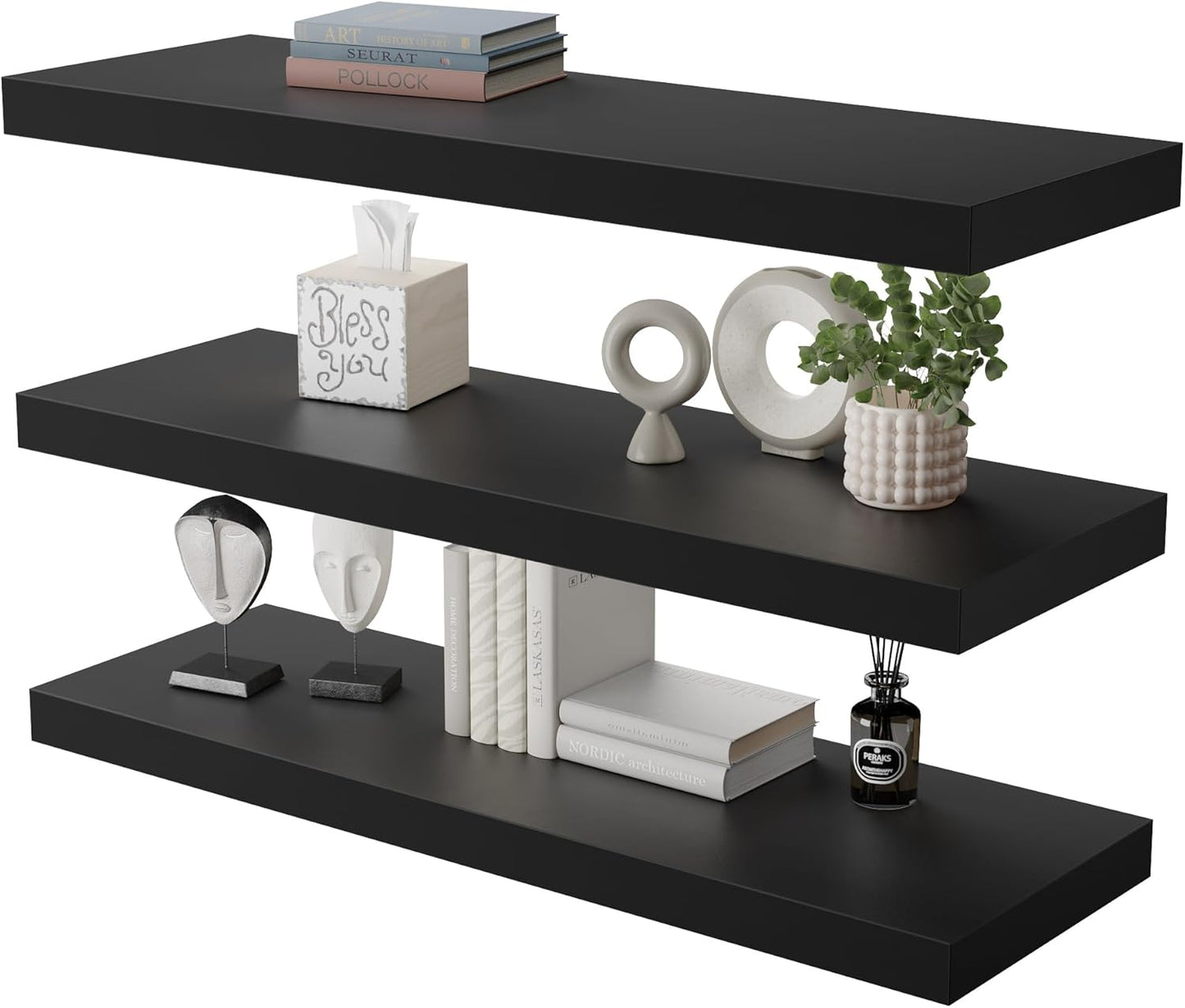 Large Floating Shelves for Wall Set of 3 Wooden Wall Shelves 30 in x 12.75 in x 2 in Room Decor Long Shelf with Invisible Wall Mount Bracket for Bedroom Kitchen Living Room Black