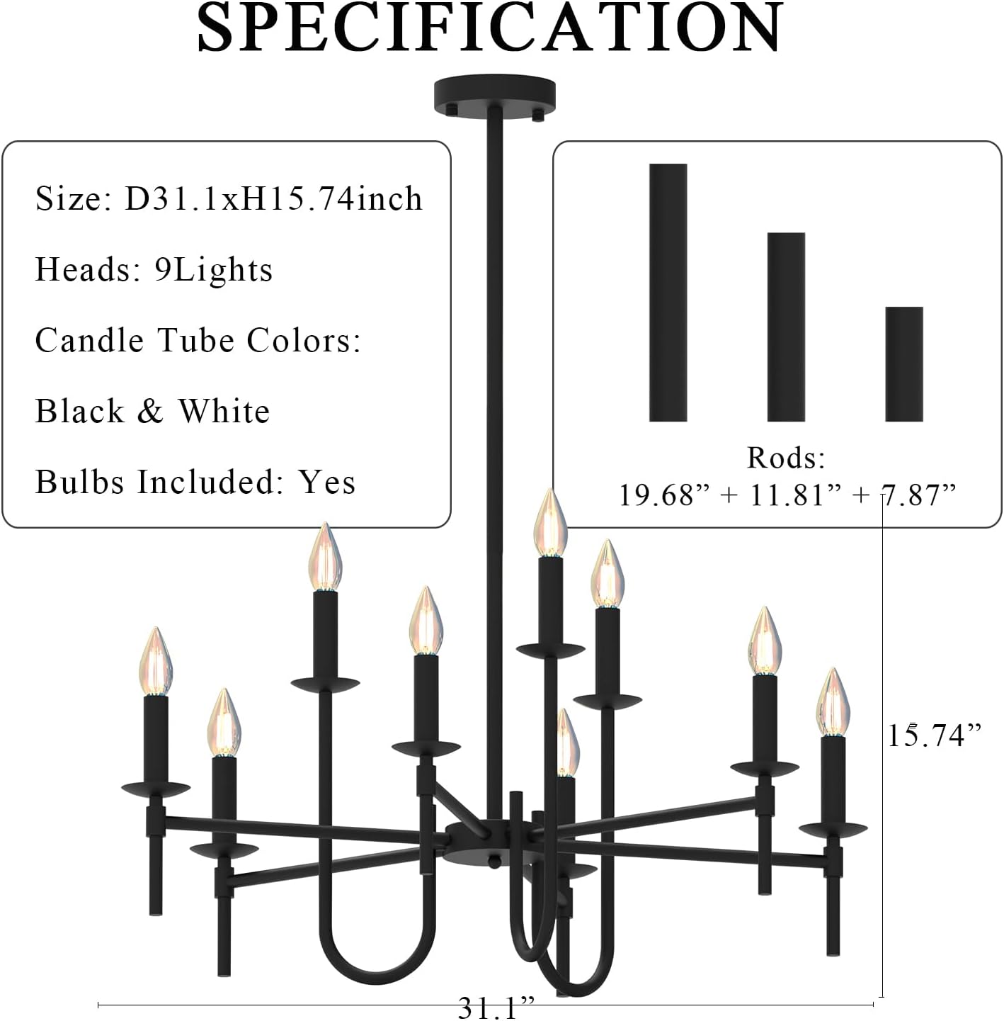 Farmhouse Black Chandelier, Modern Candle Hanging Lamp, Round LED Ceiling Pendant Lights for Kitchen Island Living Room Bedroom Dining Room (Black-B 9Lights)