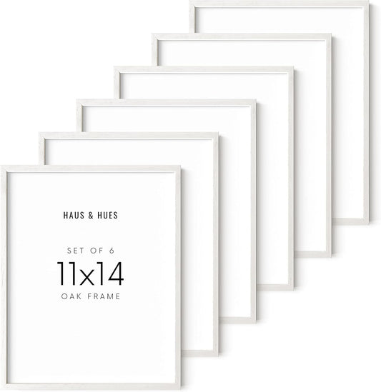 Haus and Hues White Oak 11x14 Picture Frame Set of 6 - Set of 6 11x14 Wood Picture Frame, 11x14 White Picture Frame, 14x11 Picture Frames, White Picture Frames 11x14, White Art Frame (White Oak Frame)