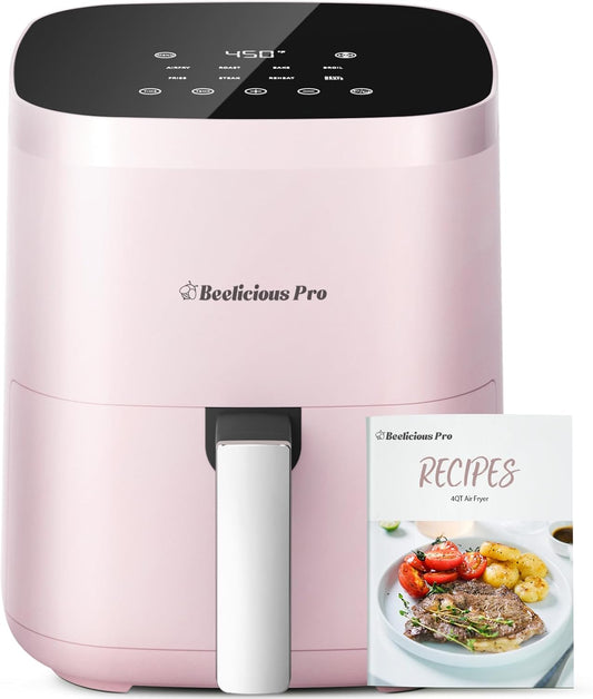 Air Fryer, Beelicious 8-in-1 Smart Compact 4QT Air Fryers, Shake Reminder,450°F Digital Airfryer with Flavor-Lock Tech, Tempered Glass Display, Dishwasher-Safe & Nonstick, Fit for 1-3 People, Pink