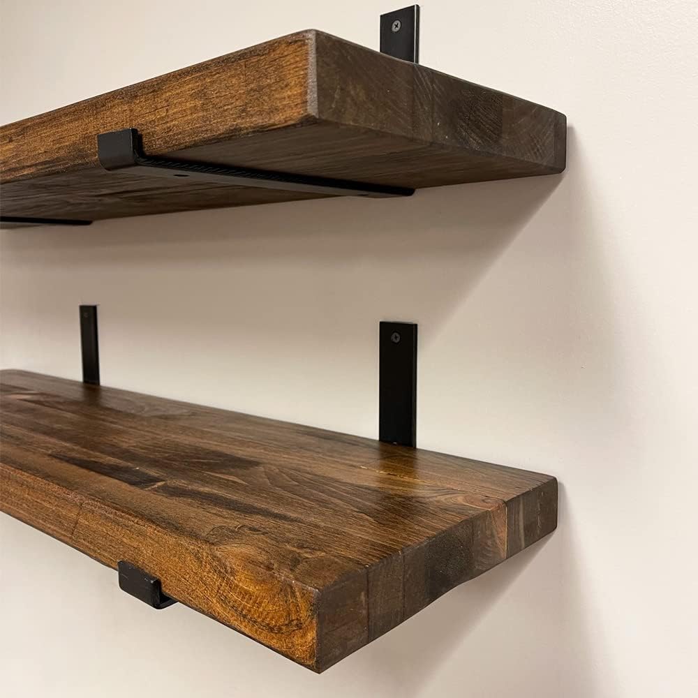 Rustic Shelves with J-Brackets Set of 2, Industrial Shelf, Kitchen Shelves, Solid Wood, Decorative Wall Storage, Heavy Duty, URBANDI (Provincial, 24Wx8D)