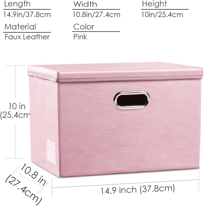 PRANDOM Collapsible Storage Bins with Lids [3-Pack] Leather Fabric Foldable Storage Boxes Organizer Containers Baskets Cube with Cover for Bedroom Closet Office Nursery Pink (14.9x10.8x10)