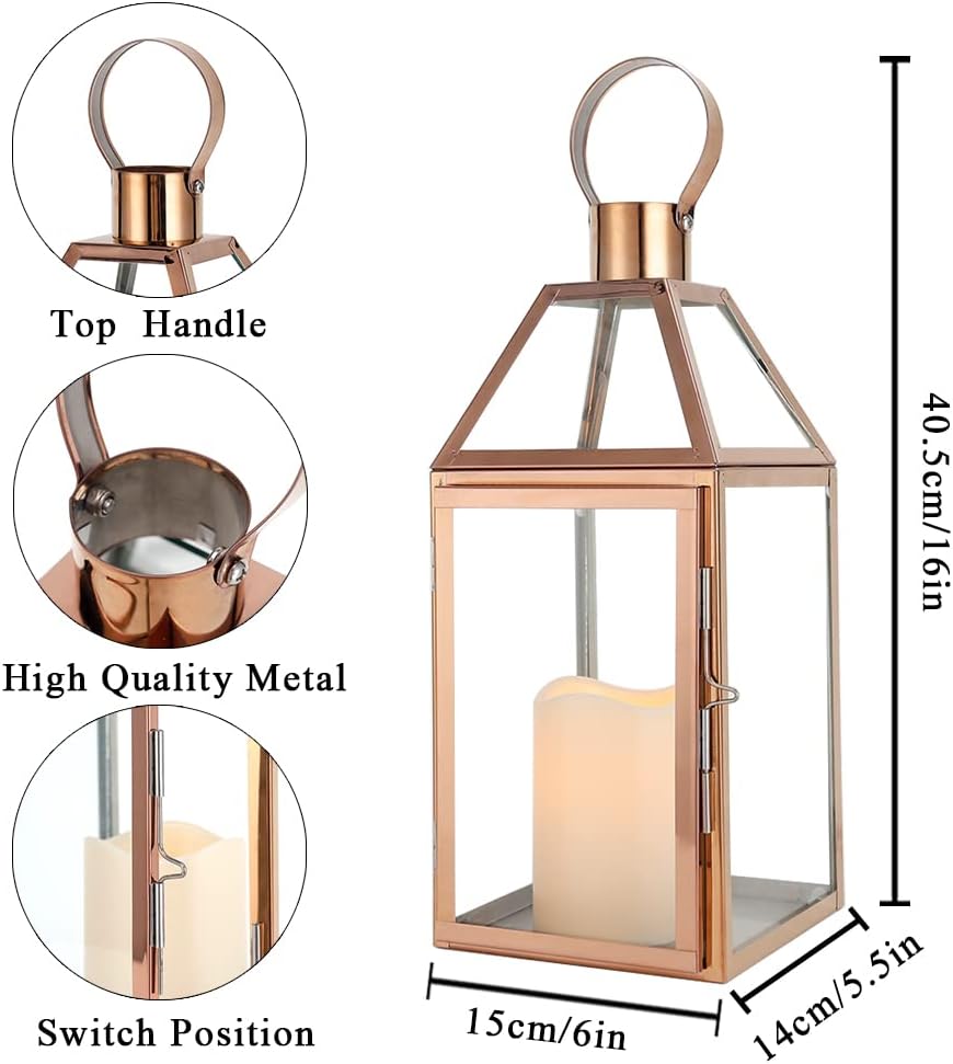 JHY Design Rose Gold Decorative Lanterns 16 inch High Stainless Steel Candle Lanterns with Tempered Glass for Indoor Outdoor Events Parities and Weddings