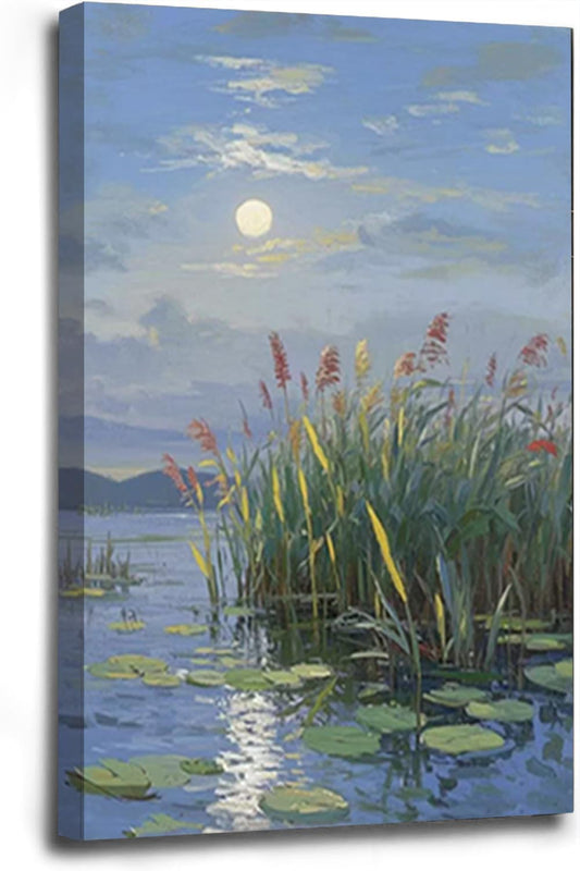 Landscape poster artwork art poster natural landscape painting reed marsh under the moonlight suitable for living room bedroom home wall