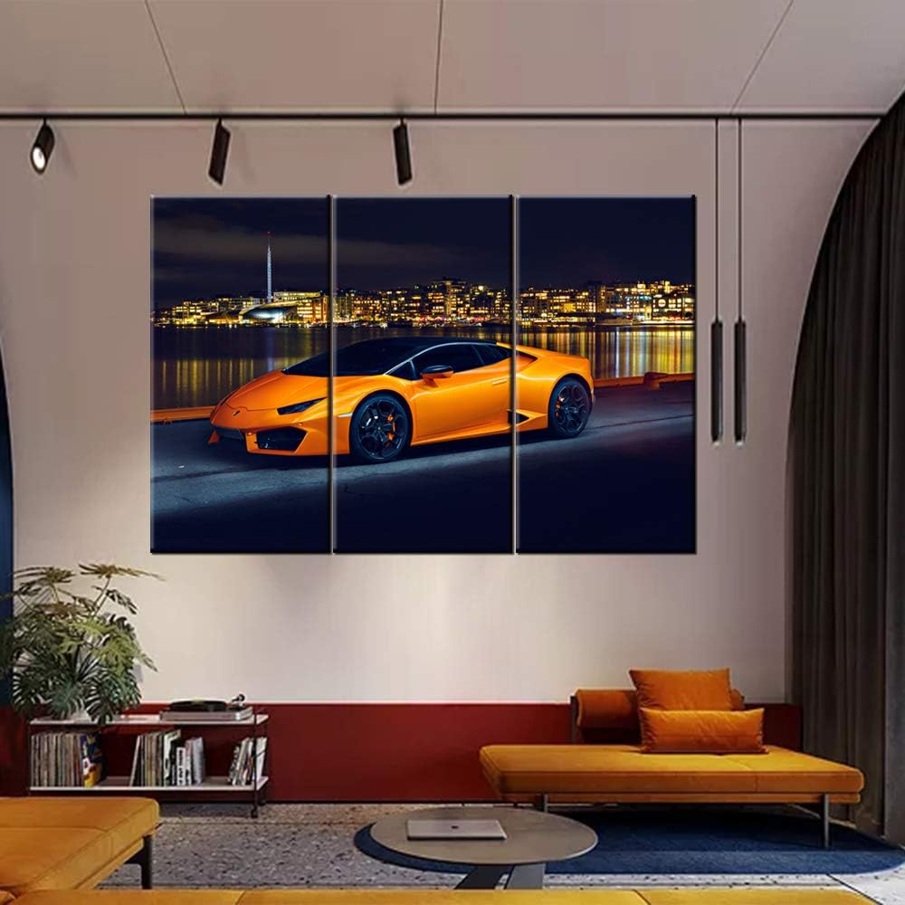 TUMOVO Large Various Types Big Pictures, Classic Car Canvas Wall Art Framed Orange Boys Fast Car Cool Sports Poster 3 Panel 3D Diamond Print Painting - 40 x 20inch x 3 Panels