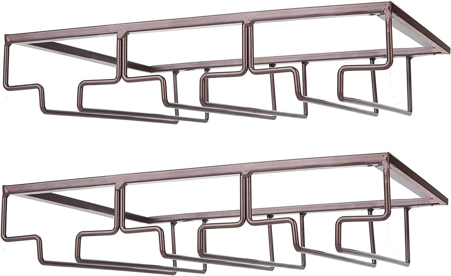Wine Glass Rack - Under Cabinet Stemware Wine Glass Holder Glasses Storage Hanger 2 Pack Metal Organizer for Bar Kitchen Brown