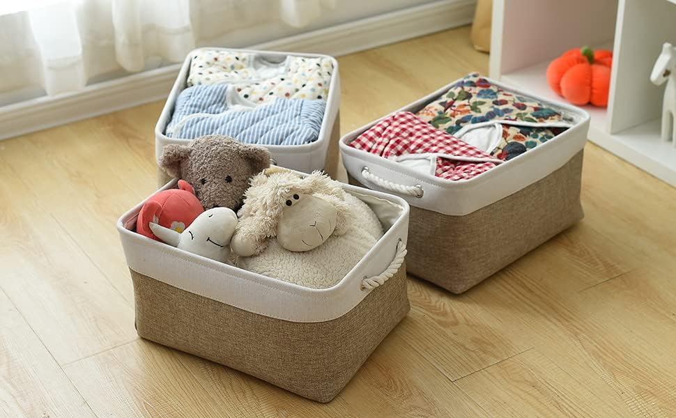 TheWarmHome Storage Basket for Organizing - 16x12x8 inch Large 3 Pack Collapsible Storage Bin for Shelves with Handles, Fabric Storage Cubes for Organizer Cloth Gift Toy Closet (Whiet & Khaki)